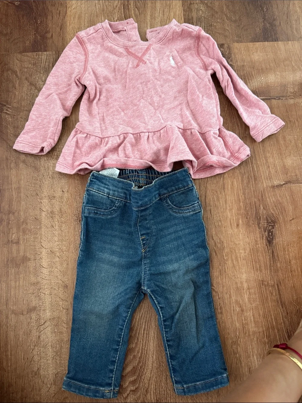 Worn once! Ralph Lauren Pink Peplum Long-Sleeve Top with Blue Denim Jeans